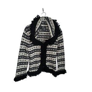 Folia Black & White Lambs Wool Fringe Cardigan Sweater Large Boho Hippie Western